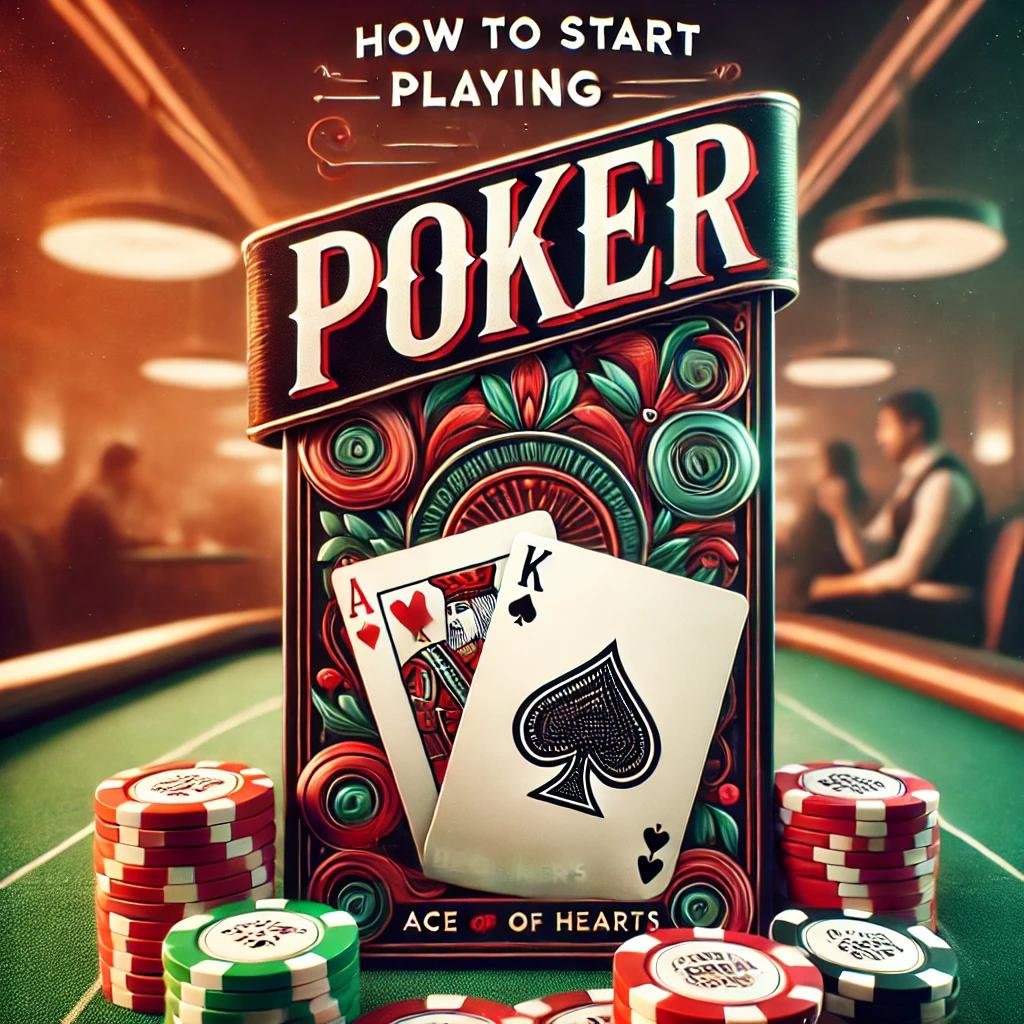 A vibrant promotional image for a poker beginner's guide. It features a poker table with cards, including the ace of spades and king of hearts, alongside colorful poker chips in red, green, and black. A stylish banner at the top displays "How to Start Playing Poker" in bold typography, set against a subtle casino-themed background with soft lighting. Designed to engage beginners.