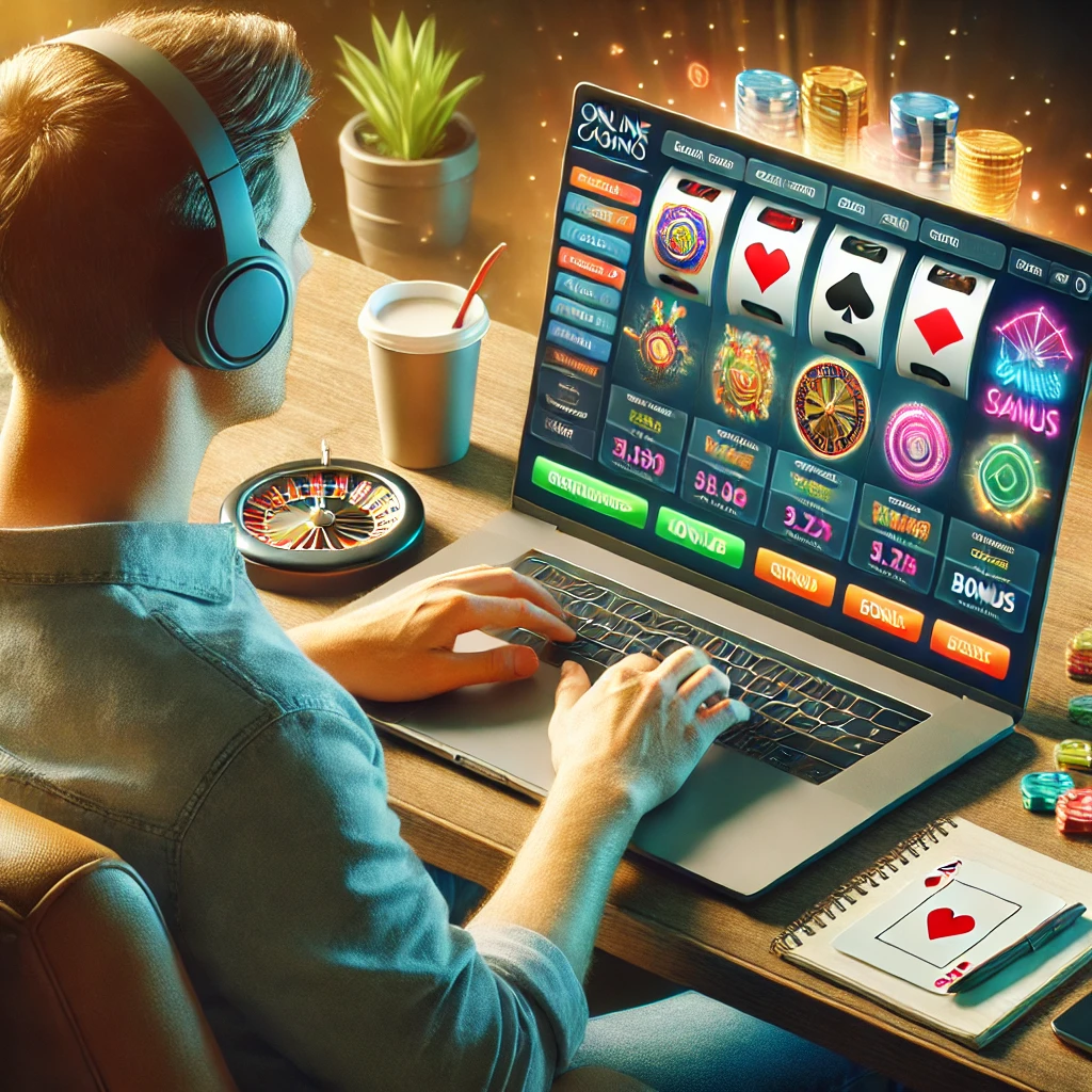 Player browsing through online casino options on a laptop, comparing game variety, bonuses, and secure payment methods.