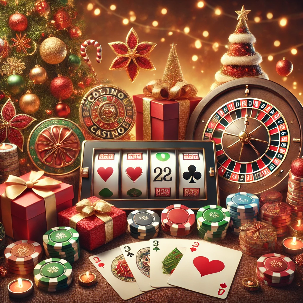 Festive Online Casino Games for the Holiday Season Holiday-themed online casino games featuring decorated poker chips, a festive slot machine, roulette wheel, and playing cards with holiday elements.