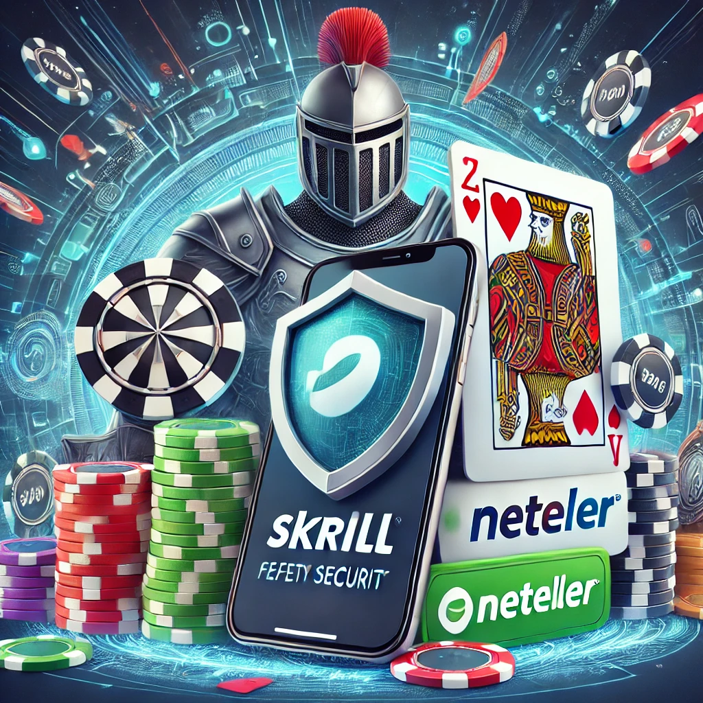 Skrill and Neteller logos alongside a mobile phone, with casino elements such as chips and cards, and a digital security shield symbolizing secure transactions.