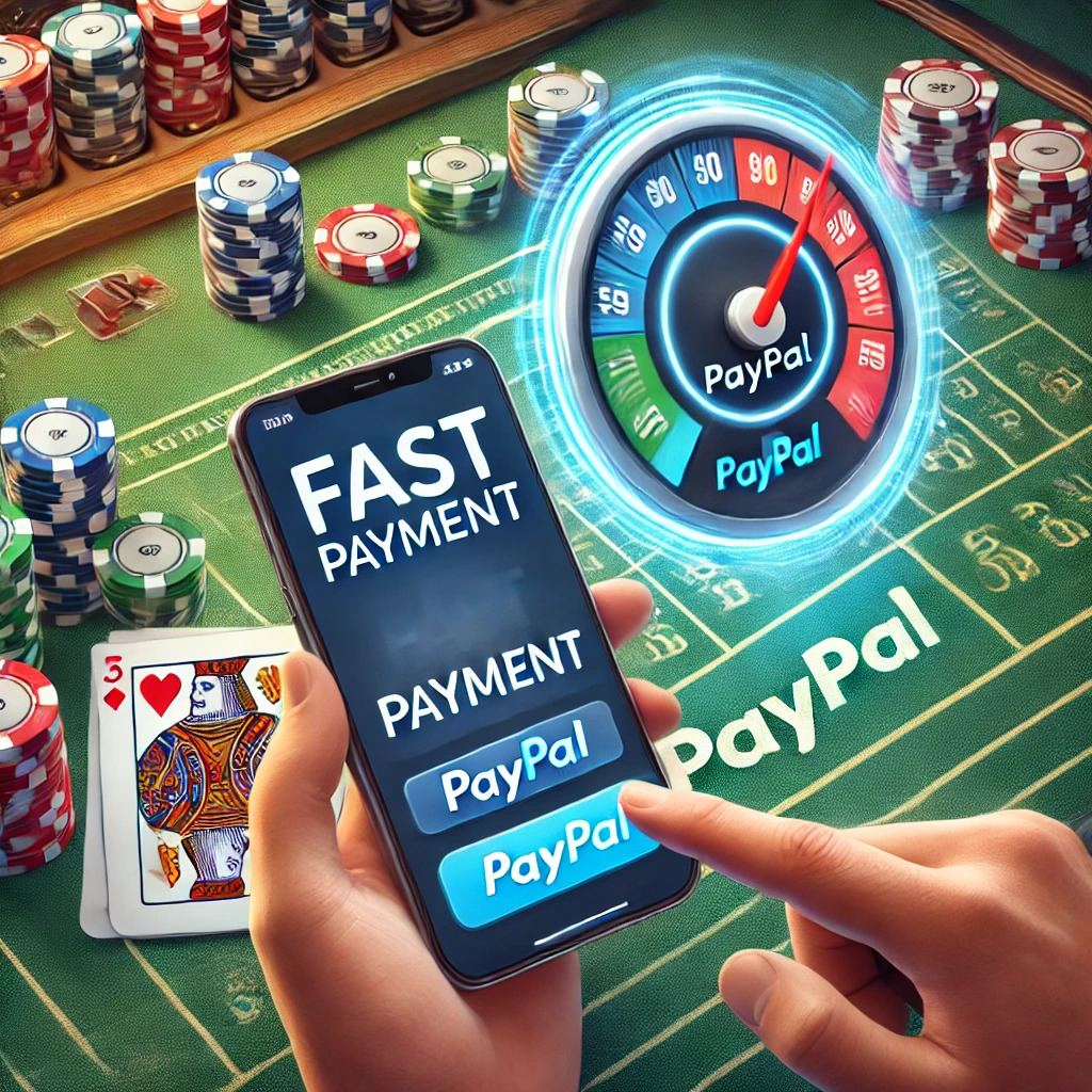 User making a fast payment using PayPal on a mobile device while playing an online casino game.