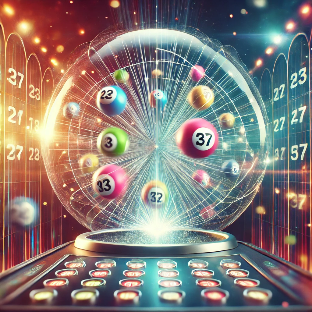 A lottery draw machine with colorful balls spinning