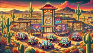 Illustration of Arizona's gambling and casino scene in 2025, featuring a luxurious tribal casino with neon lights, surrounded by a desert landscape.