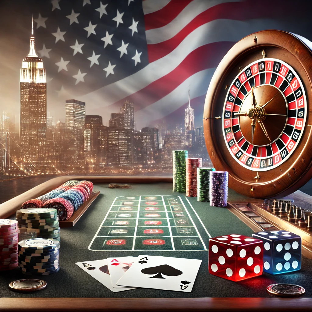 A high-quality casino scene featuring a luxurious gaming table with poker chips, a roulette wheel, playing cards, and dice, set against a vibrant American city skyline with subtle flag imagery.