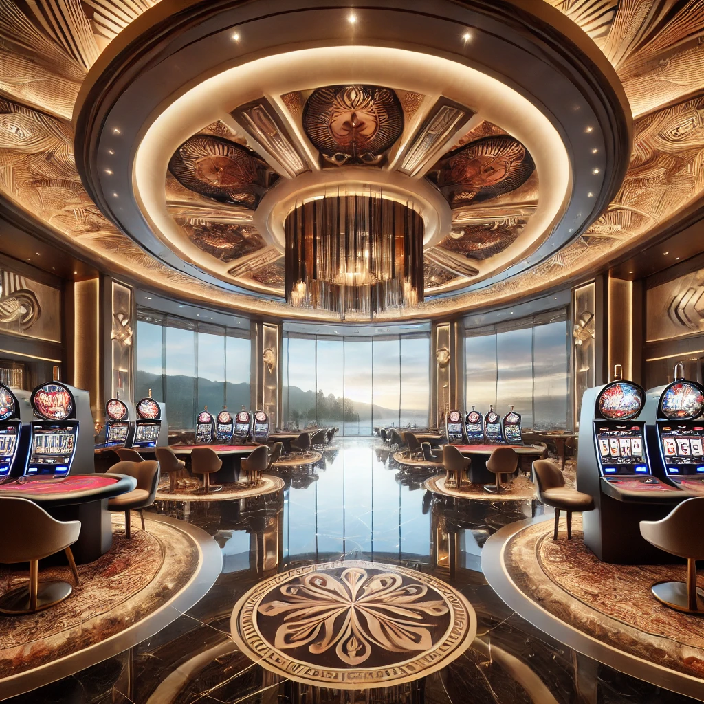 A luxurious New Zealand casino interior with a grand entrance, polished floors, modern slot machines, and scenic outdoor views.