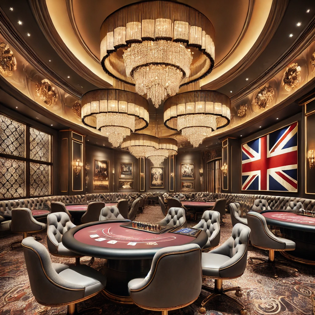 A luxurious casino interior in London featuring chandeliers, polished poker tables, plush seating, and subtle British flag elements.