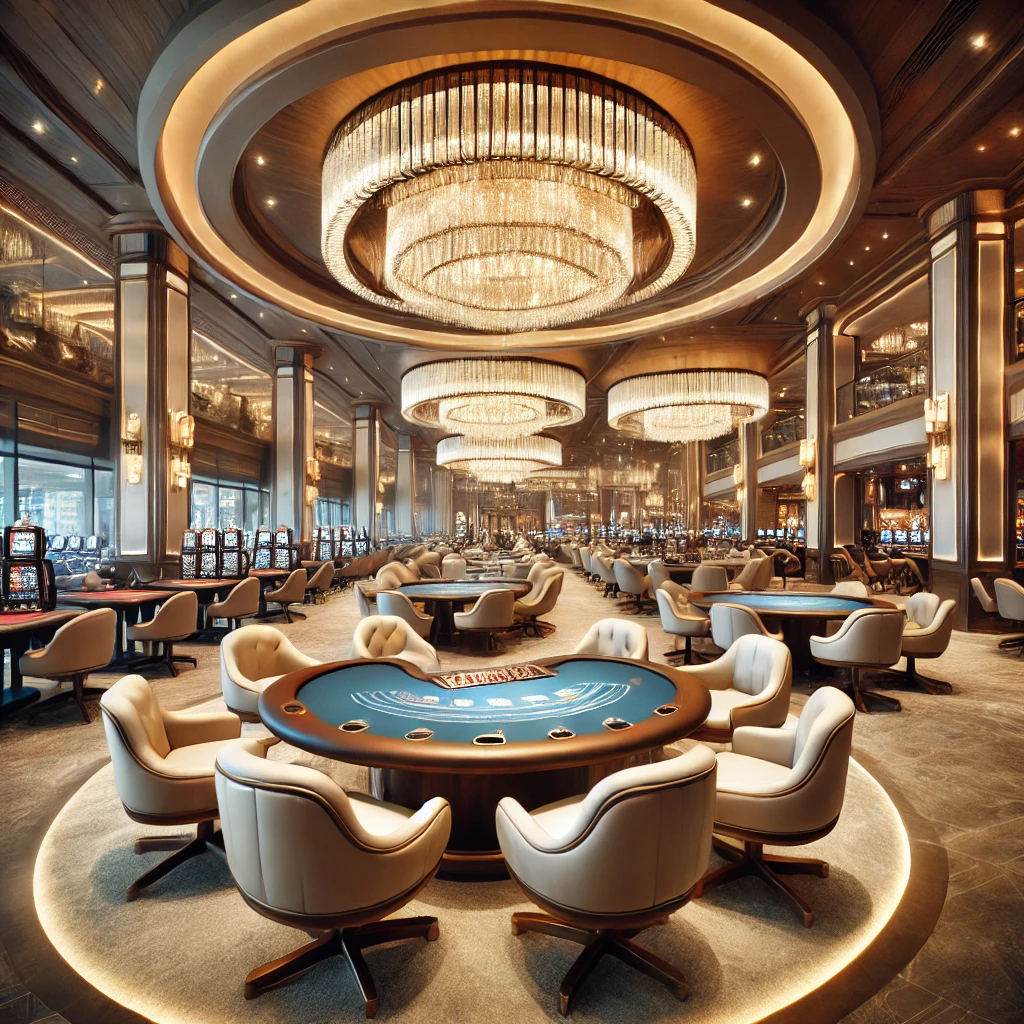 A luxurious modern casino interior in Atlantic City with chandeliers, plush seating, and gaming tables.