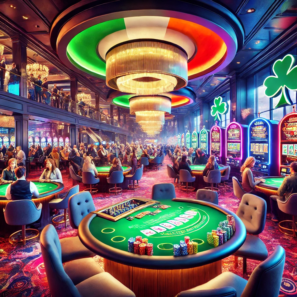 A modern Irish casino with poker tables, vibrant slot machines, and a lively crowd.