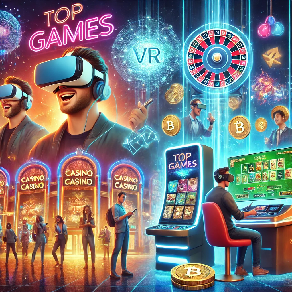 Showcasing Top Casino Games and Future Trends A vibrant casino scene showcasing top games, including virtual reality gaming, a holographic mixed reality display, a futuristic cryptocurrency slot machine, and a social casino livestream setup.