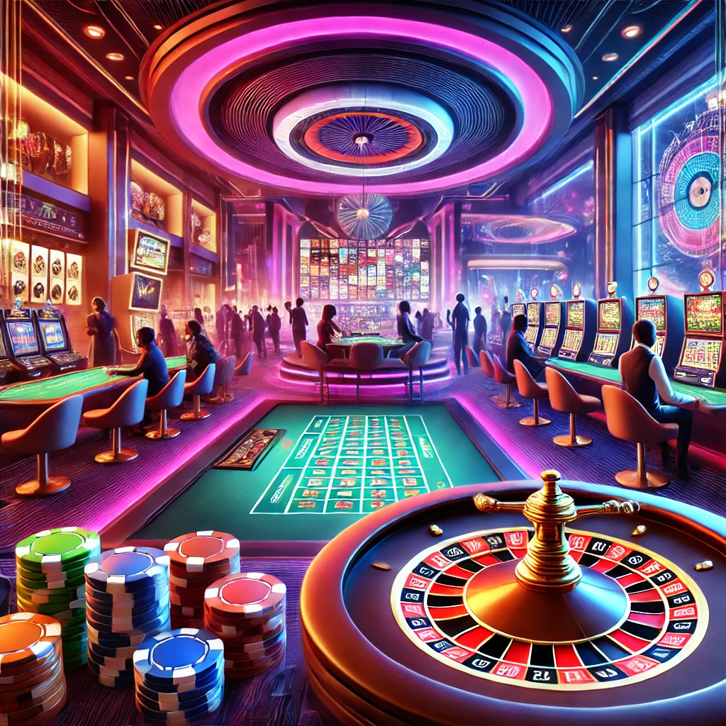 A luxurious modern casino with a roulette table, poker chips, and a slot machine, featuring vibrant lighting and a lively atmosphere.