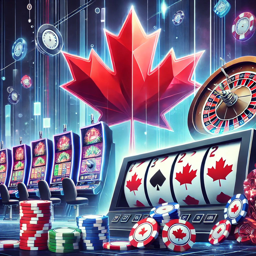 A vibrant illustration of an online casino interface featuring slot machines, poker chips, and a roulette wheel with Canadian maple leaf elements.