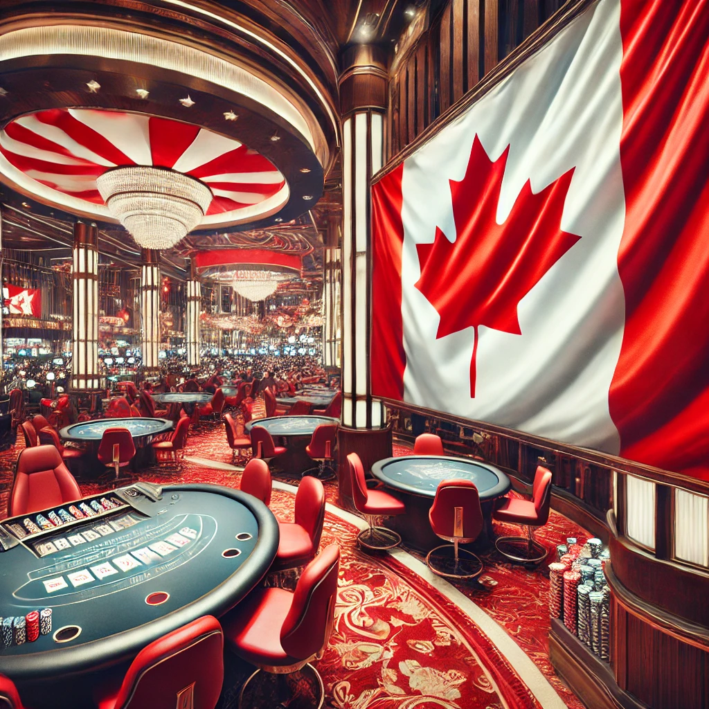 Luxurious Canadian casino hall with red and white decor and poker tables, featuring a large Canadian flag.