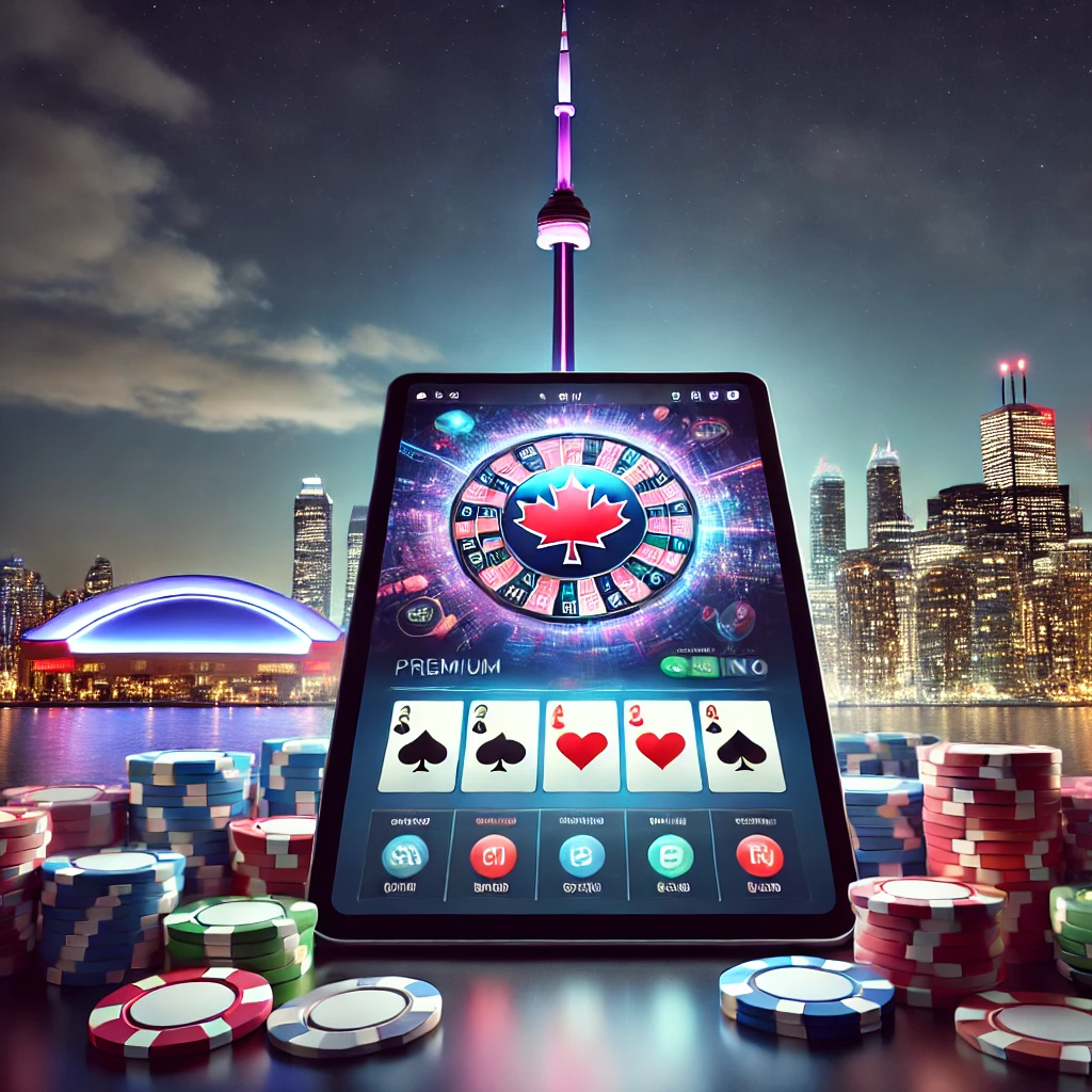 Digital tablet showing an online casino interface with poker chips and cards, set against Toronto's skyline illuminated at night.