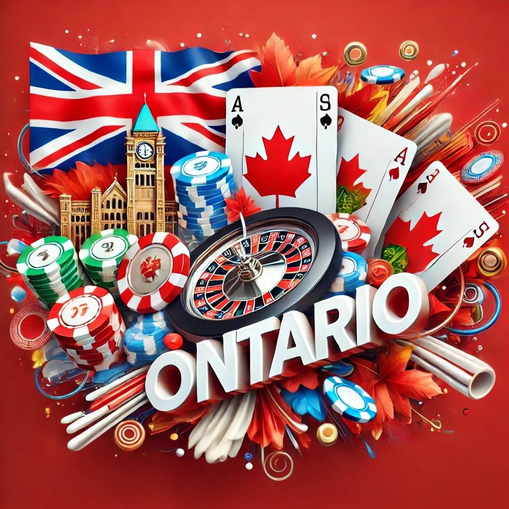 A vibrant image representing casino bonuses in Ontario with the Ontario flag colors and casino elements like poker chips, playing cards, and slot machines.