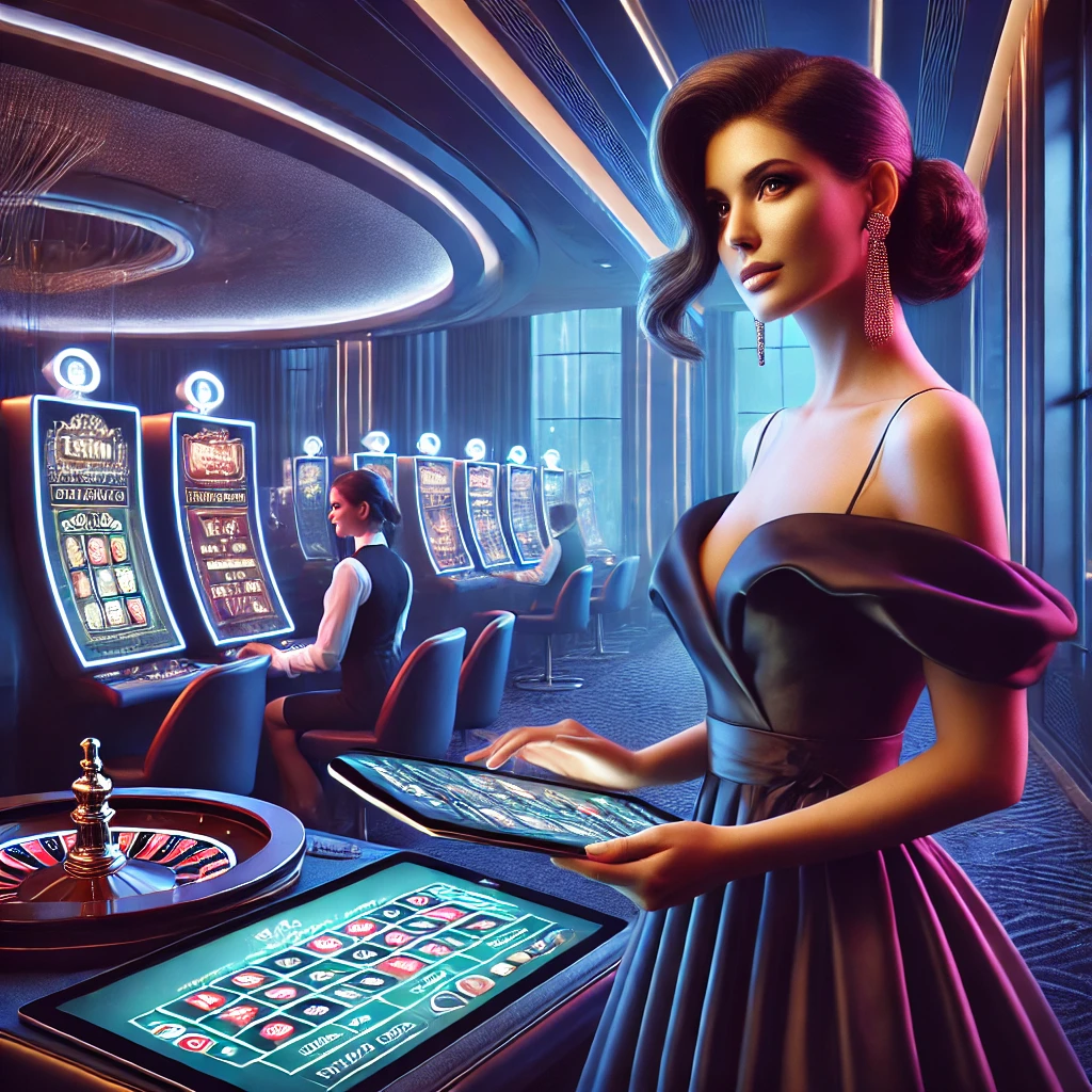 Modern Online Casino Scene with a Stylish Woman A stylish woman in an elegant dress engaging with a tablet displaying a live casino game in a futuristic casino setting.