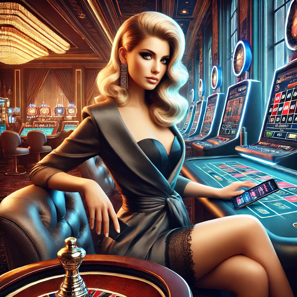 An elegant woman sitting at a modern roulette table, holding a smartphone with an online casino game in a luxurious setting.