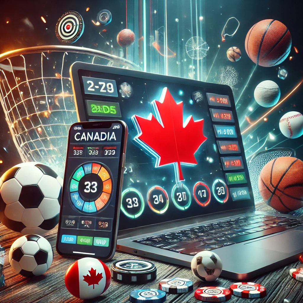 Canadian Sports Betting with Digital Platforms A laptop and smartphone displaying a sports betting app with live odds, surrounded by a hockey puck, soccer ball, basketball, and football, with a Canadian maple leaf in the background.