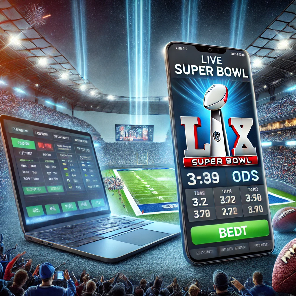 Live Super Bowl LIX betting interface on a smartphone and laptop with a stadium background.