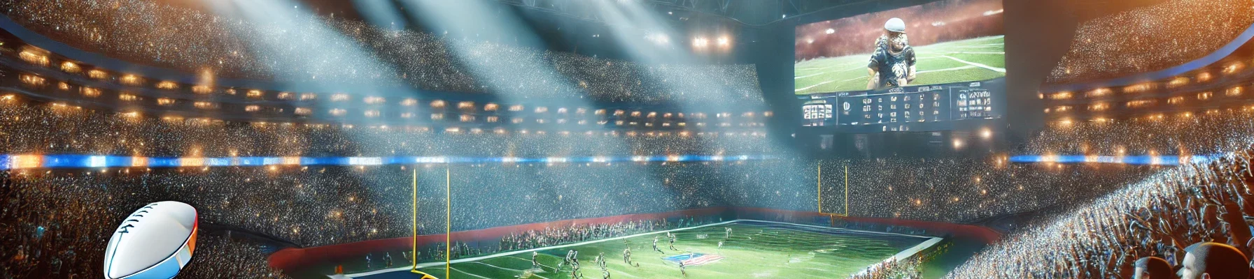 Super Bowl stadium packed with fans, with players in action on the brightly lit field.