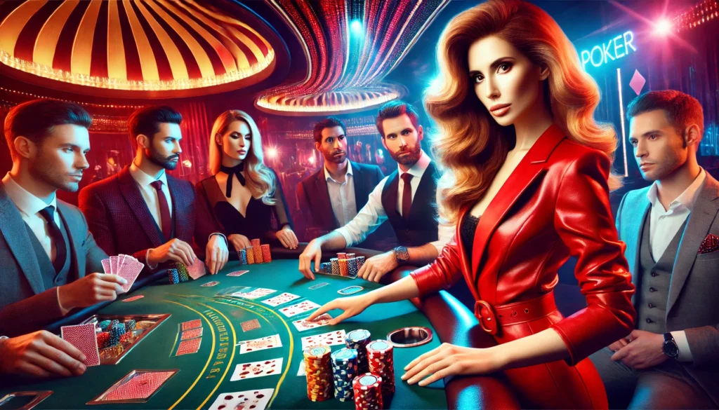 A lively poker game in a luxurious casino, featuring a stylish female dealer in red and professional players at a brightly lit table.