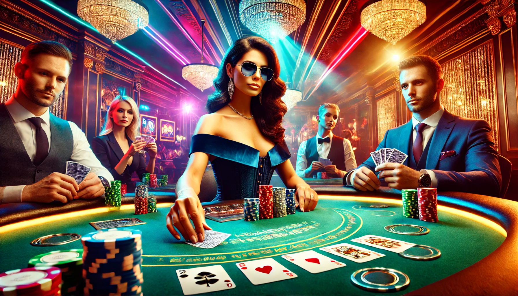 Exciting Poker Game with a Female Dealer in a Vibrant Casino A high-stakes poker game in a luxurious casino, featuring a female dealer and professional players, illustrating the 100 Winning Secrets of Poker in action.