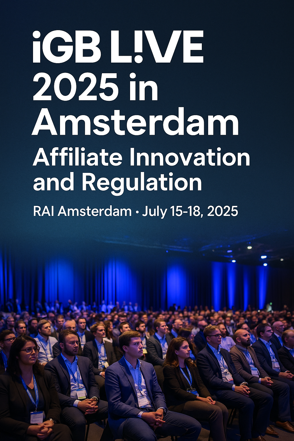 iGB L!VE 2025 Amsterdam โ Affiliate Innovation and Regulation A promotional digital graphic announces iGB L!VE 2025 in Amsterdam with a crowd in blue-lit auditorium.